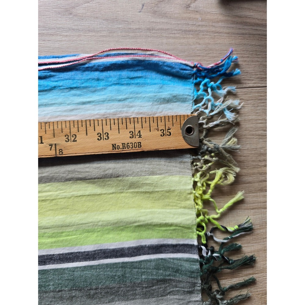 Paul Smith Jeans 1946 Striped Tassel Scarf Lightweight Gray Blue Green coastal - Picture 5 of 5